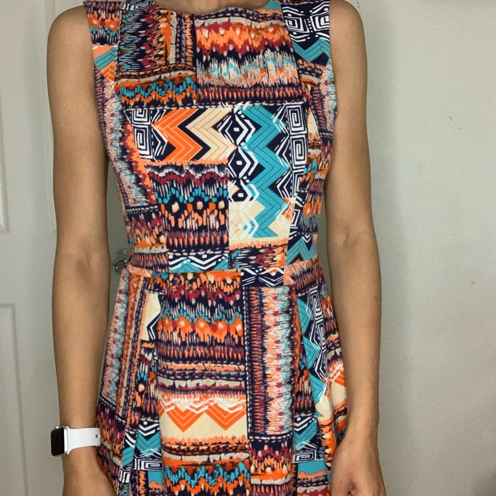 Orange and blue fashion print dress